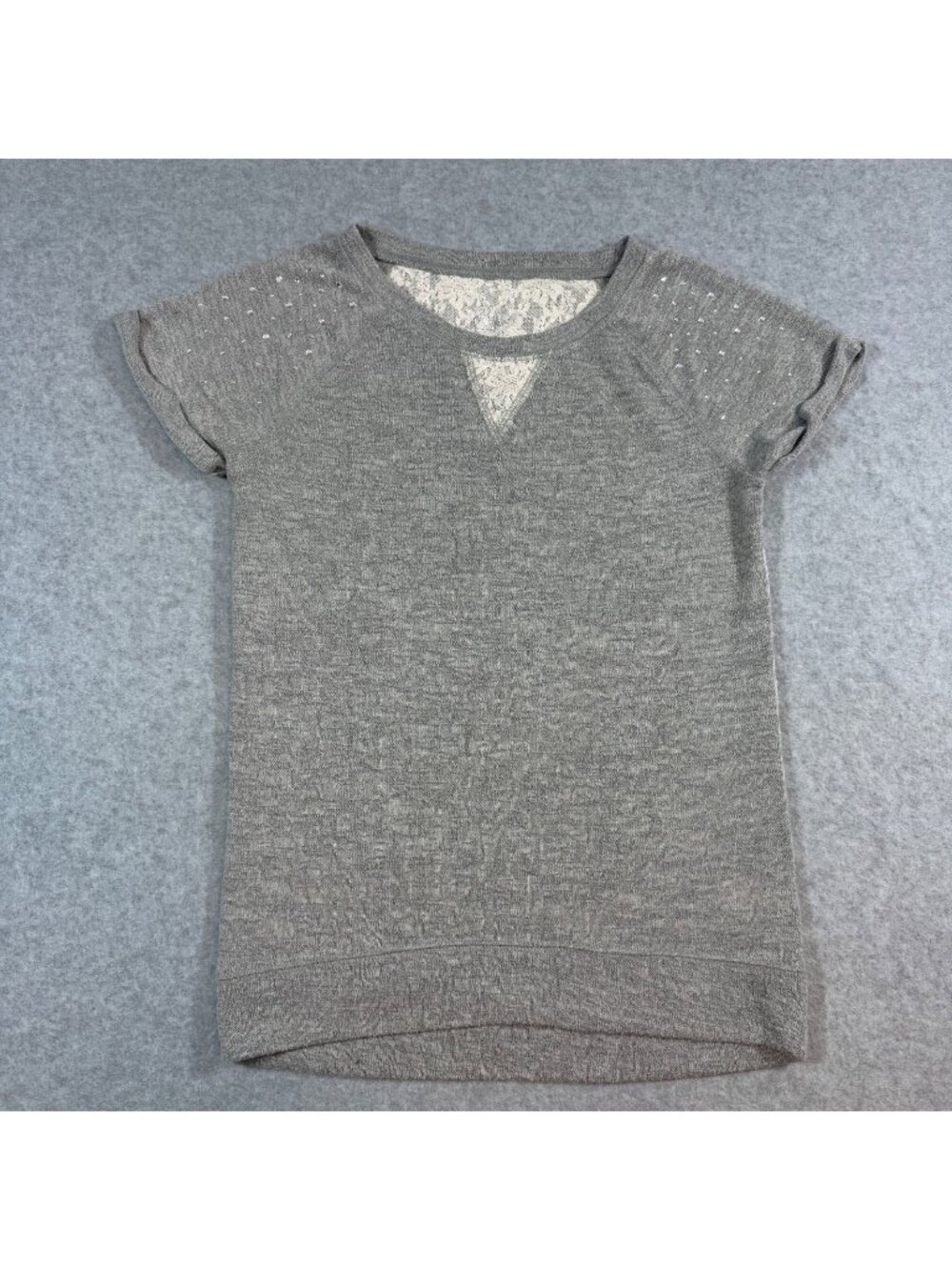 Justice Girls Size 12 Gray Lace Back Rhinestone Short Sleeve Sweatshirt Top
